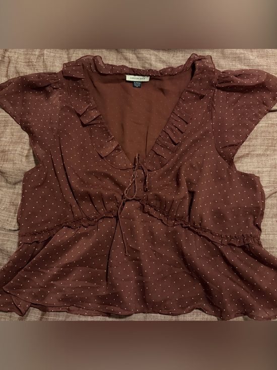 American Eagle Outfitters Tops - American Eagle Maroon Ruffle V-Neck Polka Dot Blouse